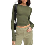 1pcs Four Seasons Fashion Senior Women T-shirt Long Sleeve Crew Neck Solid Slim Fit Tee Ladies Crop Top  Daily Streetwear Camis - Matrix-studios.com