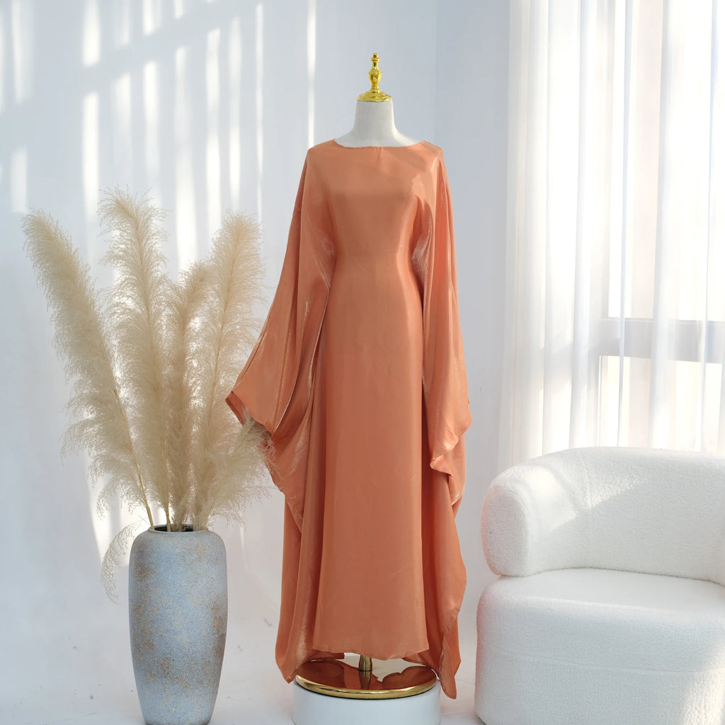 Ramadan Eid Evening Party Shiny Kaftan Dress for Women, Butterfly Sleeves Round Neck Muslim Women Abaya Dubai Islamic Clothing - Matrix-studios.com