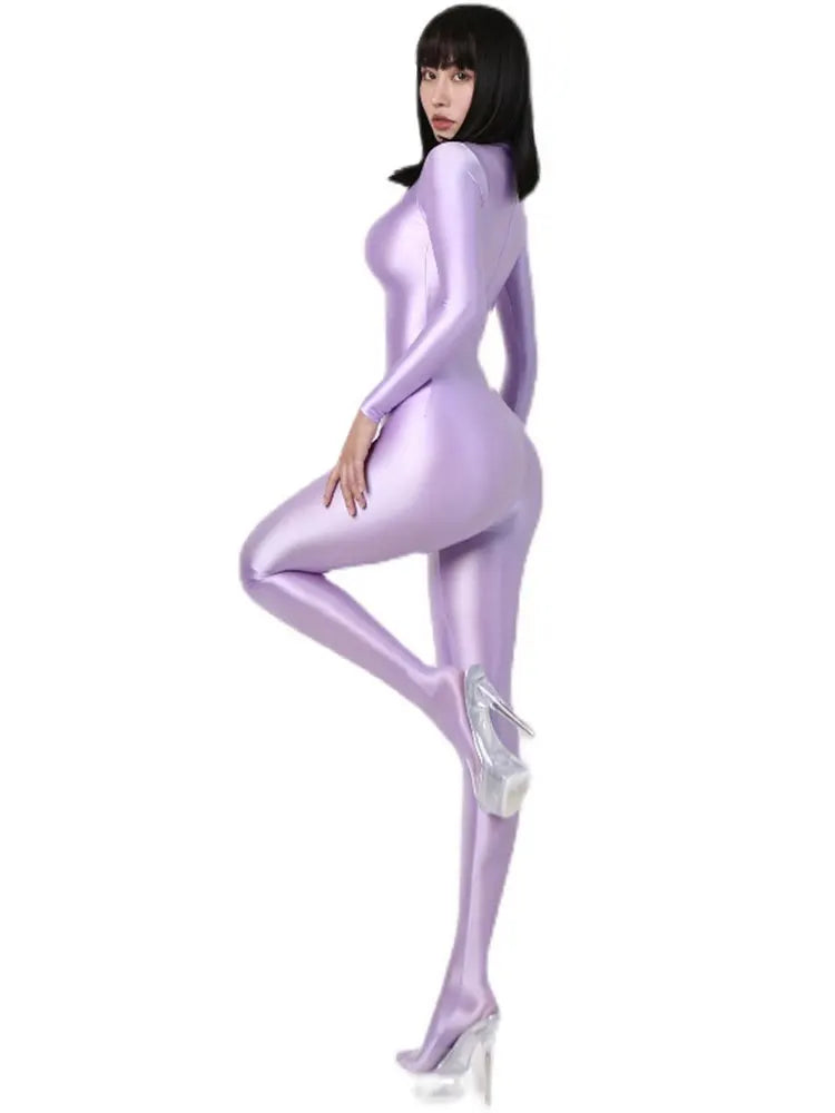 Women Oily Glossy Long Sleeve Elastic Bodysuit Bodycon Rompers One-piece Swimsuit Silky Tights Satin Pantyhose Jumpsuits Thong - Matrix Studios