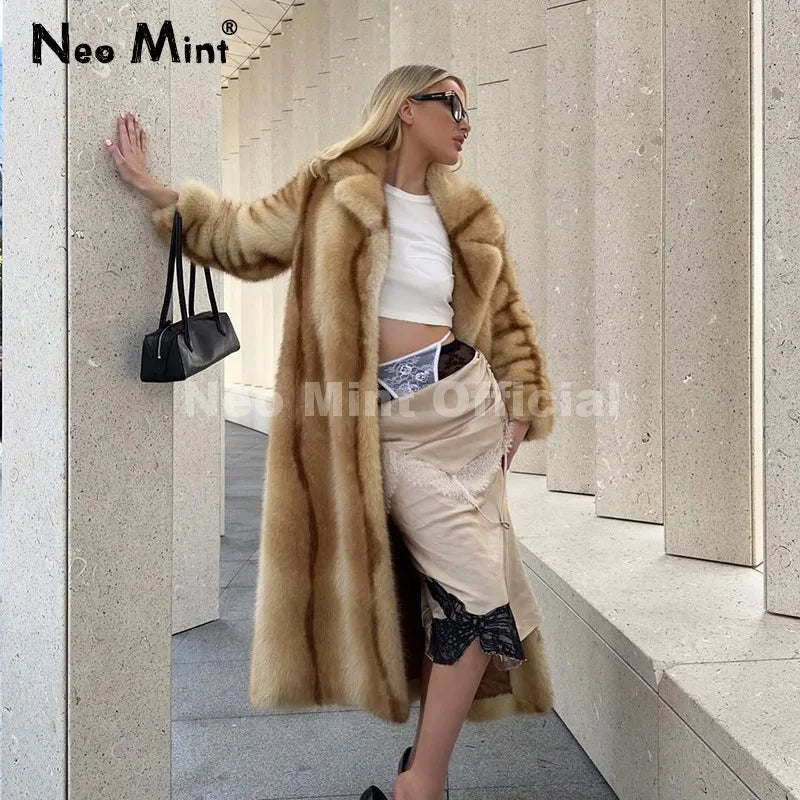 Neo Mint Runway Fashion Yellow Striped Maxi Long Faux Fur Coat Jacket Women Winter Brand Fluffy Fox Fur Overcoat Girls Outerwear - Matrix Studios