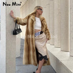 Neo Mint Runway Fashion Yellow Striped Maxi Long Faux Fur Coat Jacket Women Winter Brand Fluffy Fox Fur Overcoat Girls Outerwear - Matrix Studios