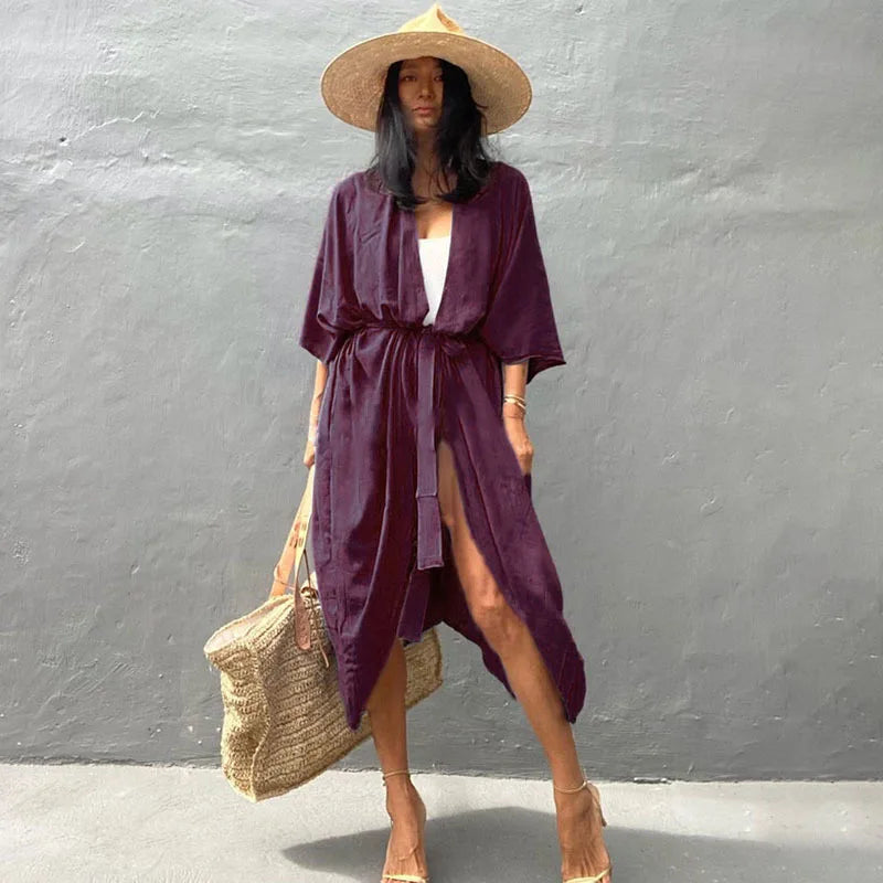 Beach Cover Up Kimono Women Summer 2022 New Pareo Swimsuit Cape Solid Bohemian Tunic Dresses Bathing Suits Dropshipping - Matrix Studios