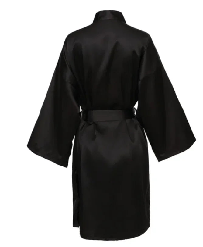 Solid Satin Night Robe, Elegant Half Sleeve V Neck House Robe With Belt, Women's Sleepwear - Matrix-studios.com