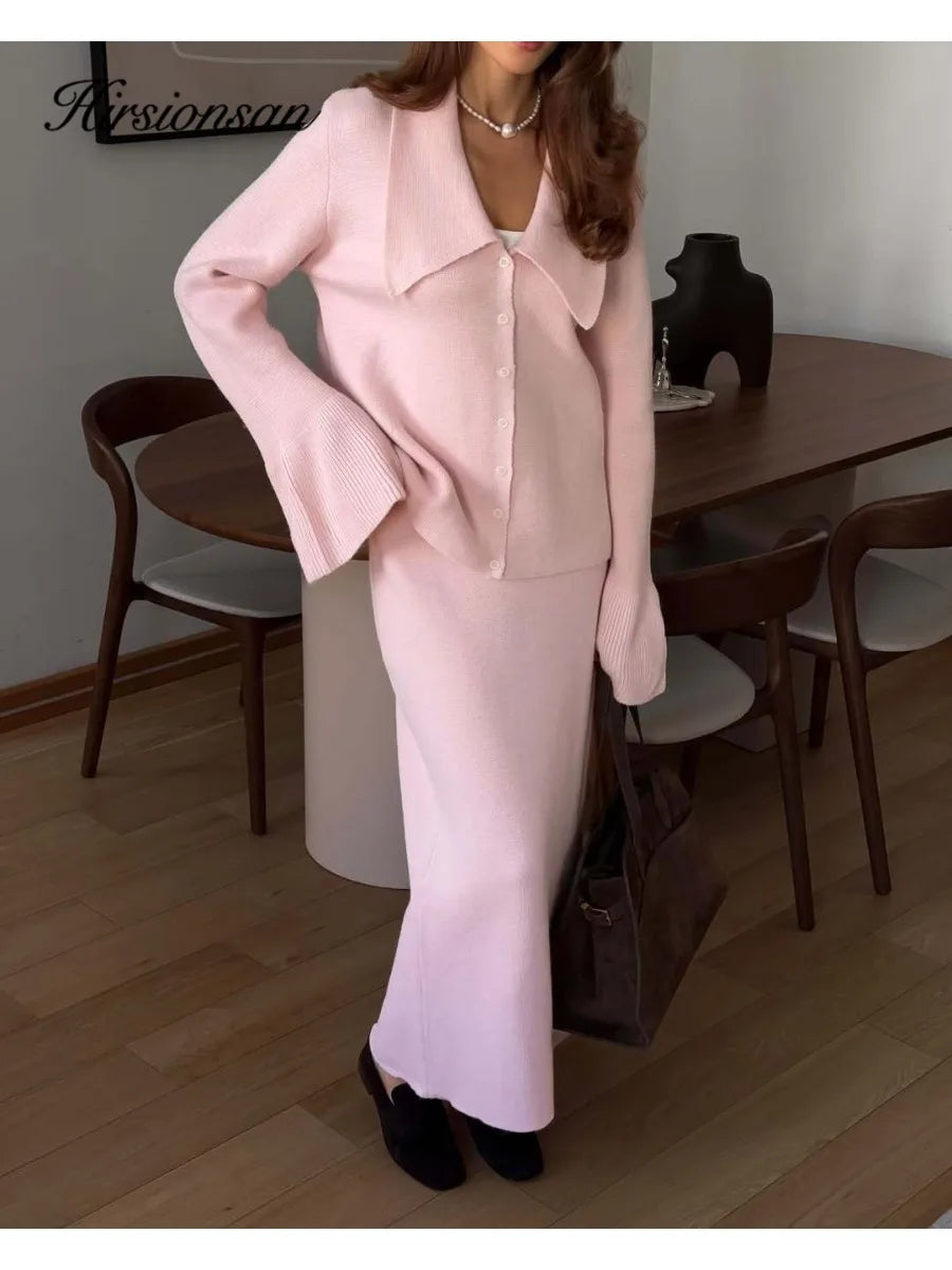 Hirsionsan Sexy Soft Elegant Vintage Women Suits 2 Pieces Female Sets Polo Neck Cardigan Sweater & Midi Dress Knitted TrackSuit - Matrix-studios.com