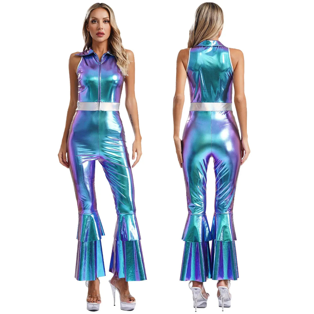 Womens 70S Disco Vintage Jumpsuit Metallic Shiny Flare Sleeve Bodysuit Hippie Bell Bottom Jazz Dance Carnival Rave Party Costume - Matrix Studios