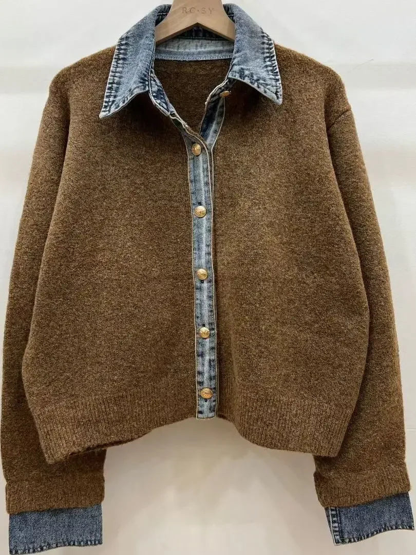 Chic Denim Collar Stitching Fake Two-piece Sweater Women's Cardigan New Single Breasted Knitted Jacket Coat Female Outwear - Matrix Studios