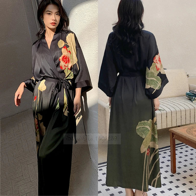 Print Flower Long Kimono Bathrobe Gown Sexy Women Half Sleeve Wedding Robe Nightgown Spring Summer Rayon Home Dress Sleepwear - Matrix-studios.com