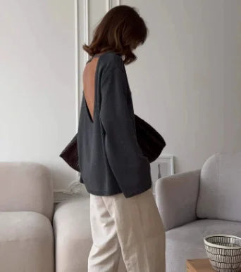 Original Backless O-neck Cotton Knit Sweater Autumn and Winter Women Simple Loose Soft Warm Elastic Daily Office Casual Sweater - Matrix Studios
