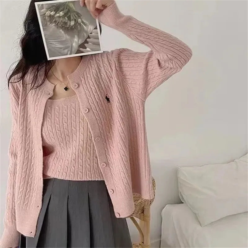 Knitted Cardigan Two-piece Set Spring and Autumn Thickened Sweater Suspender Top Sweater Vest Student Coat White Cardigan Pink - Matrix Studios