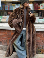 Brown Long Faux Fur Coat Women Fashion Full Sleeve Fluffy Loose Lace Up Overcoat 2025 Winter Lady Daily High Street Outwear - Matrix Studios