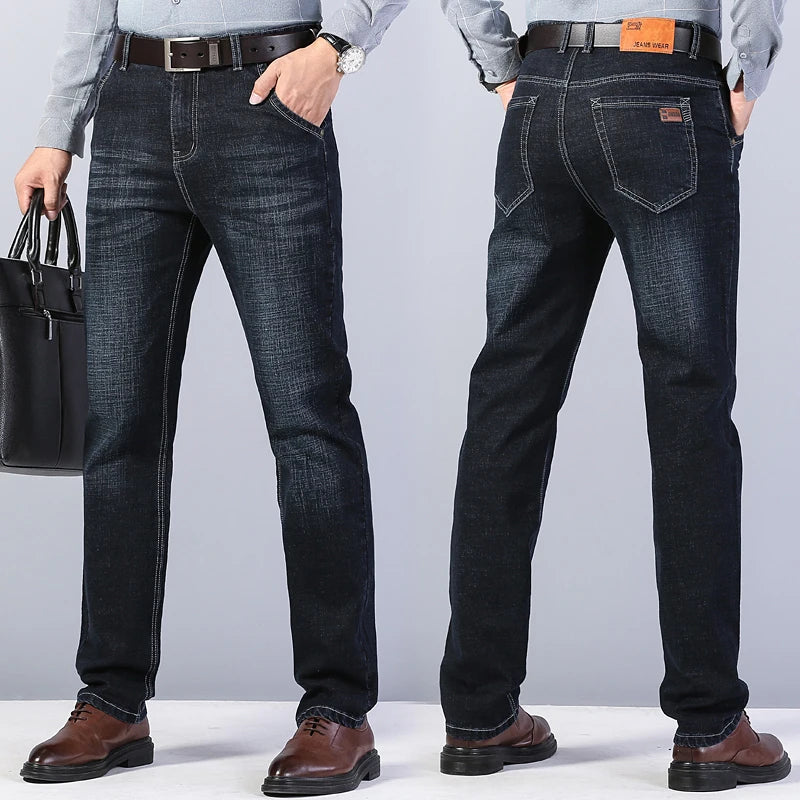 2026 New Men's Stretch Regular Fit Jeans Business Casual Classic Style Fashion Denim Trousers Male Black Blue Gray Pants - Matrix Studios