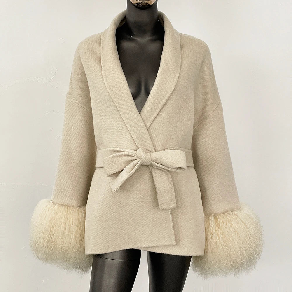 High End Double-sided Wool Strapping Real Wool Fur Coat Women's Removable Cuffs Fox Fur Temperament Cashmere Short Jacket - Matrix Studios