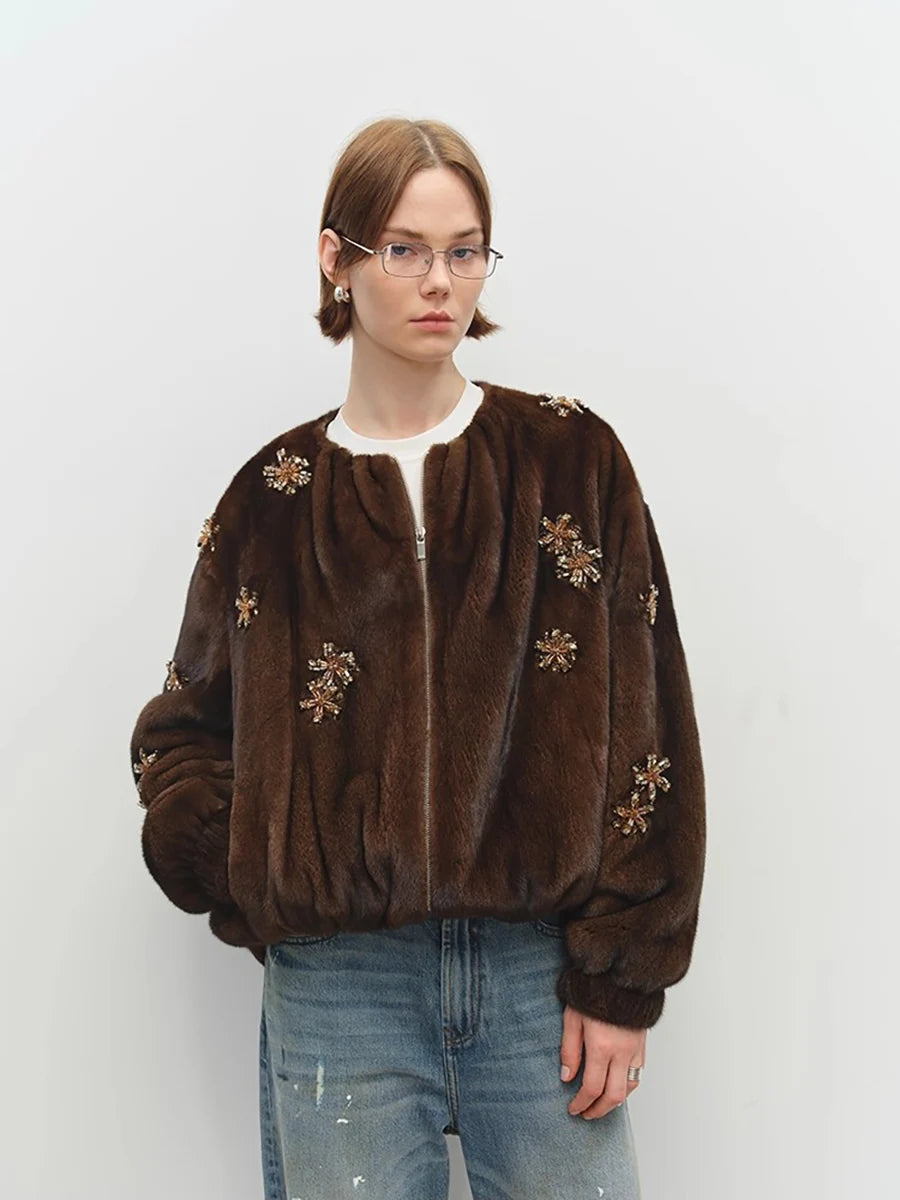 Lautaro Winter Luxury Elegant Thick Warm Soft Brown Short Faux Mink Fur Coat Women Beading Loose Stylish Chic Fluffy Jacket - Matrix Studios