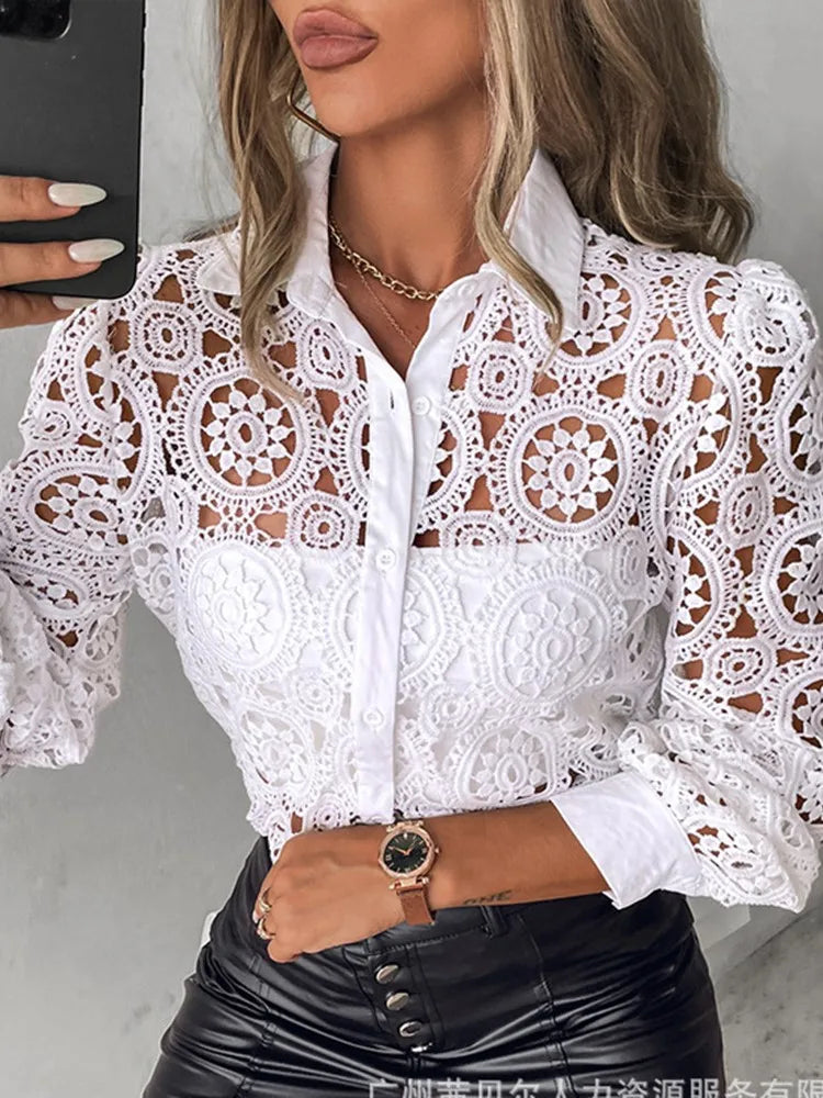 Lace Blouses For Women Elegant Office White Shirt Long Sleeve Button Turn-down Collar Sexy Hollow Tops Fashion Women's Clothing - Matrix-studios.com