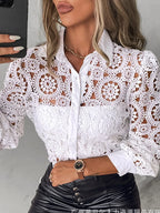 Lace Blouses For Women Elegant Office White Shirt Long Sleeve Button Turn-down Collar Sexy Hollow Tops Fashion Women's Clothing - Matrix-studios.com