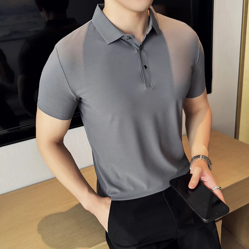 Ice Silk High Elastic Seamless T-shirt ,Summer Thin Polo Shirt, Solid Color Polo Collar Short Sleeve Brown Top, Business Leisure - Matrix-studios.com