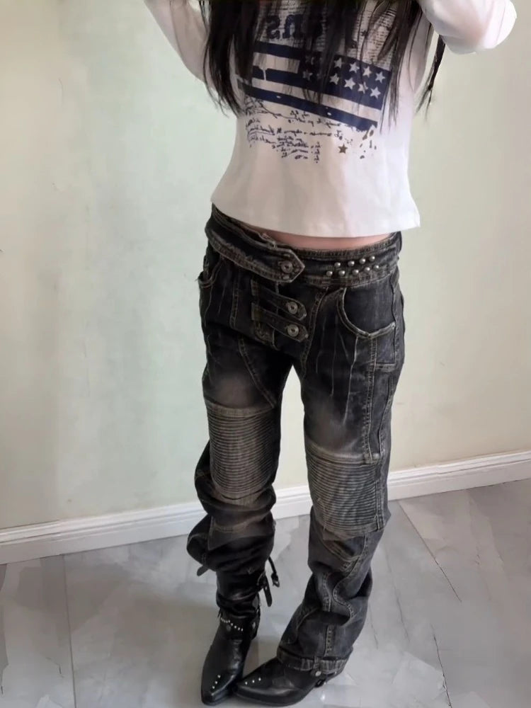 American Vintage Washed Distressed Pleated Button Jeans Women Streetwear Y2k Retro Full Length Pants Slim Spring Summer - Matrix-studios.com