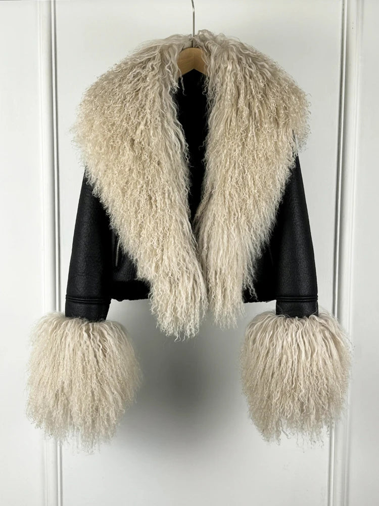2025 Winter Women Warm Faux Leather Sheepskin Coat Female Zipper Slim Streetwear Moto Biker Jacket Large Real Wool Fur Collar - Matrix Studios