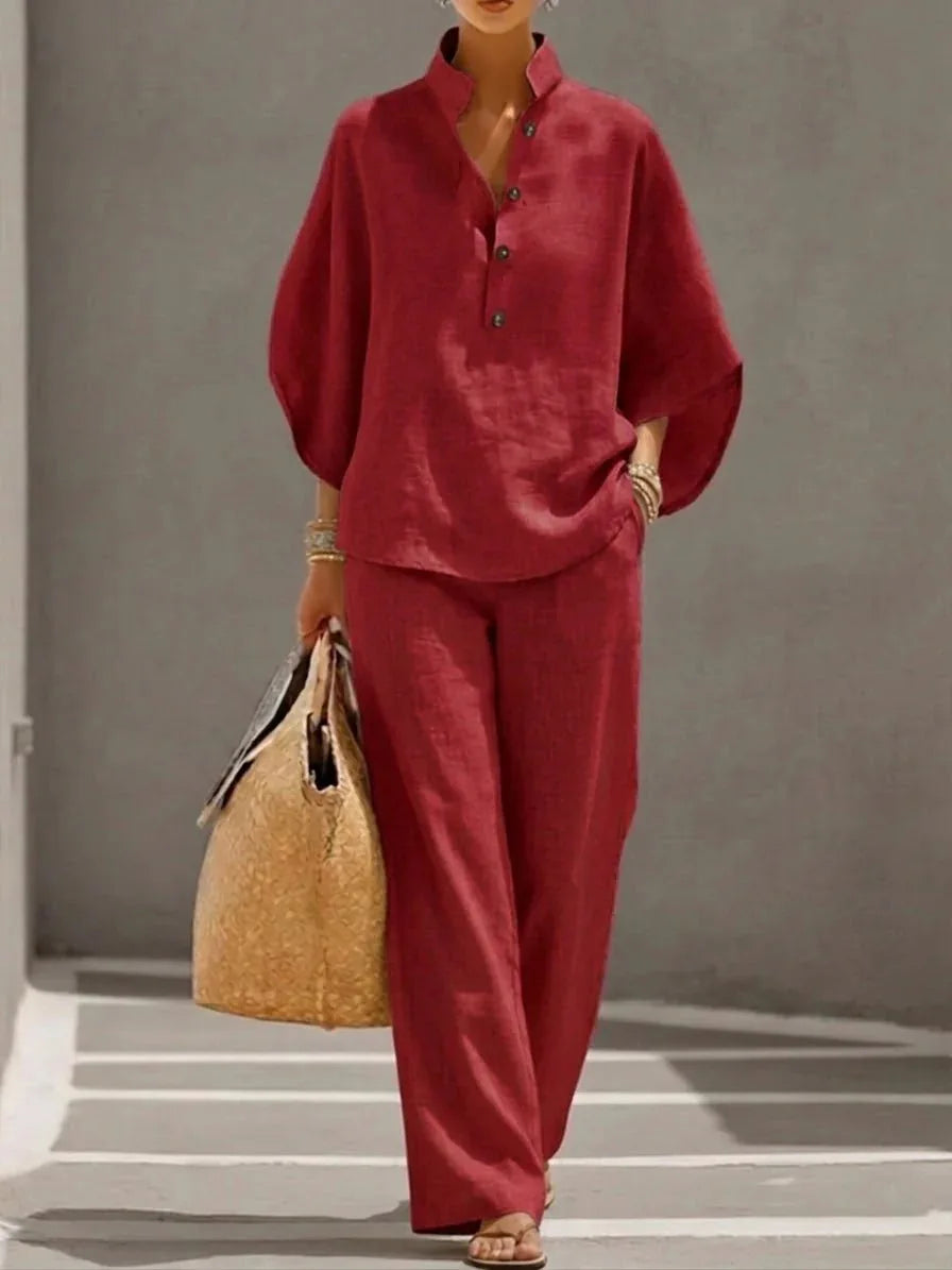 Fashion Cotton Linen  Pant Set  Women's Casual Stand Collar Button Top Wide Leg Trousers 2-piece Set Retro Female Office Suit - Matrix-studios.com