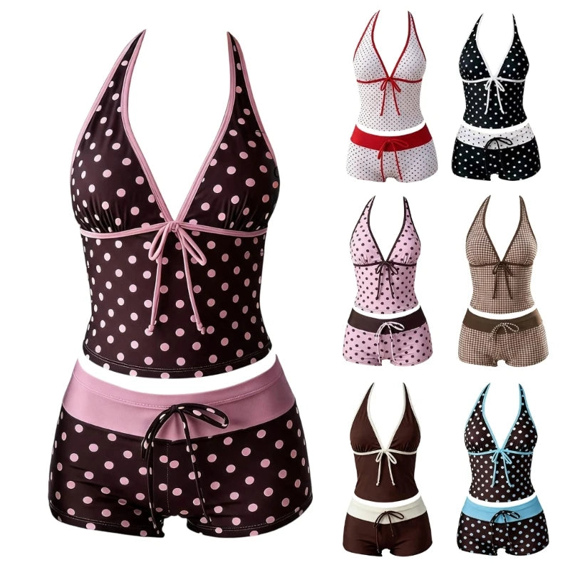 Women Polka Dot Tankini Swimsuit Halter V Neck Tie Front Waist Boyshort Set Contrast Color Stretch Beach Bathing Suit - Matrix-studios.com