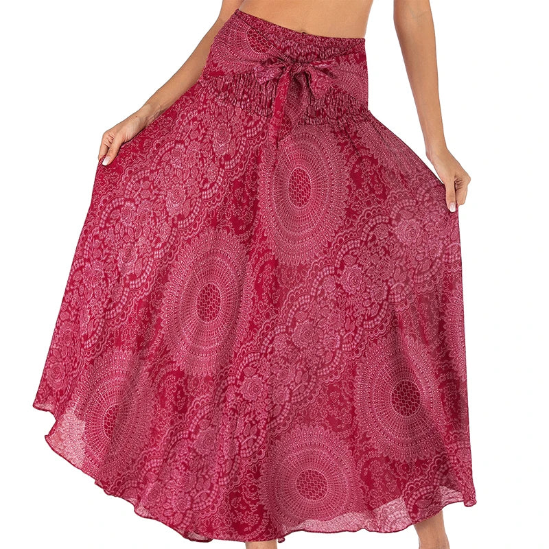 Boho Skirts Women Rayon Beach Long Dress Summer Bohemian Jupe Longue Femme Elastic Waist Print Floral Bandage Halter Hippie - Matrix Studios