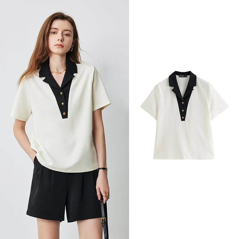TOYOUTH Women Contrasting Colors POLO Collar T-shirt 2025 Summer New Short Sleeved Top - Matrix-studios.com