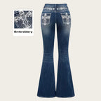 Jeans Flare Pants Women Vintage Boot Cut Embroidery Pockets Rhinestone Washed Female Distressed Denims Trousers Streetwear - Matrix-studios.com