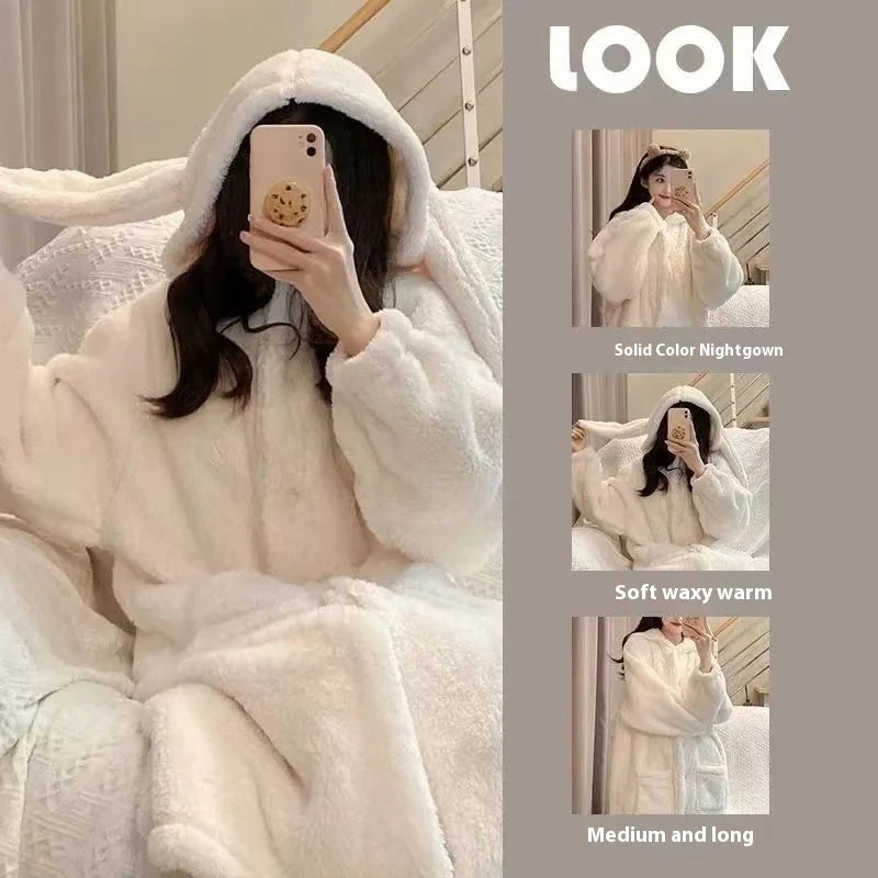 Autumn and Winter Ladies Warm Pajamas Homewear Rabbit Ears Ins Girls Student Pajamas Cartoon New Robe Bathrobe Homewear - Matrix-studios.com