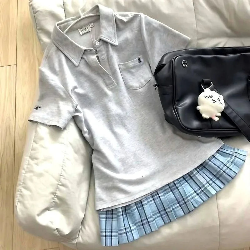 Deeptown Blue Polo Shirts Women Shoujo JK Japanese Preppy Style White T-shirts Short Sleeve Embroidered Tees Basic Pink Tops - Matrix-studios.com