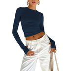 Fashion Women T-shirt Long Sleeve Crew Neck Solid Slim Fit Ladies Crop Top with Thumb Holes for Daily Streetwear Summer Camis - Matrix-studios.com