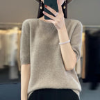 100% Merino Wool Women's O Neck Knitted T-Shirt Korean Pullover Short Sleeve Sweater Women's Basic Solid Color Half Sleeve Women - Matrix Studios