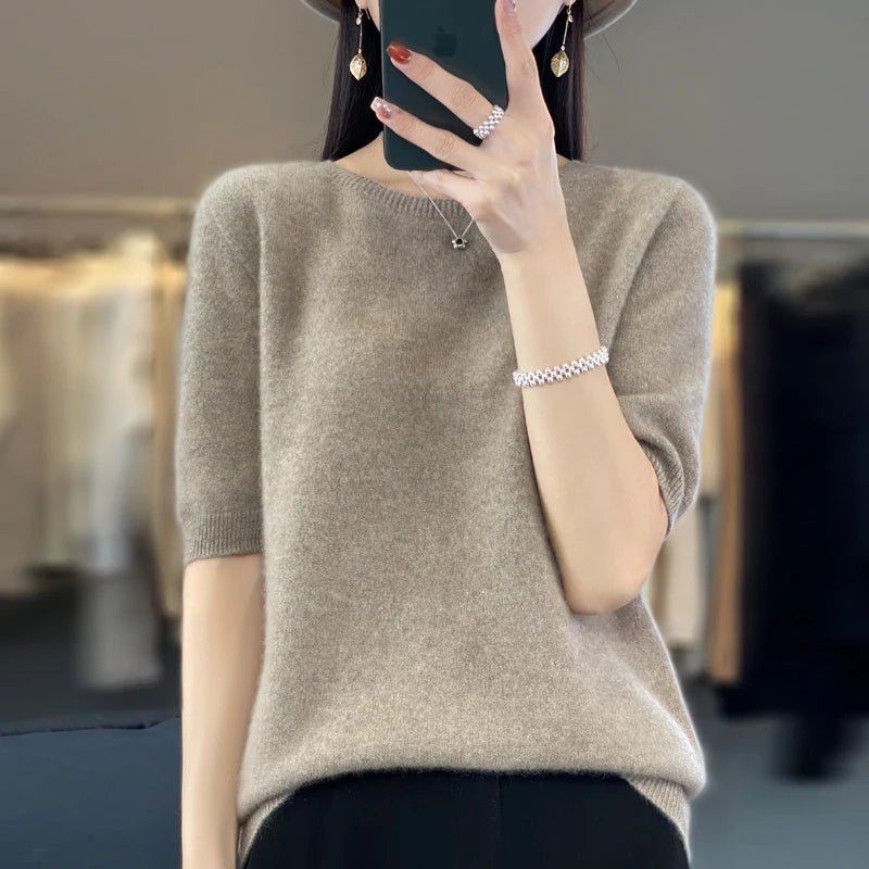 100% Merino Wool Women's O Neck Knitted T-Shirt Korean Pullover Short Sleeve Sweater Women's Basic Solid Color Half Sleeve Women - Matrix Studios