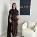 Bella Customized Chocolate Brown One-Shoulder Capelet Sequin Prom Dress Slim Fit Party Dresses Floor-Length Elegant Formal Gown - Matrix-studios.com