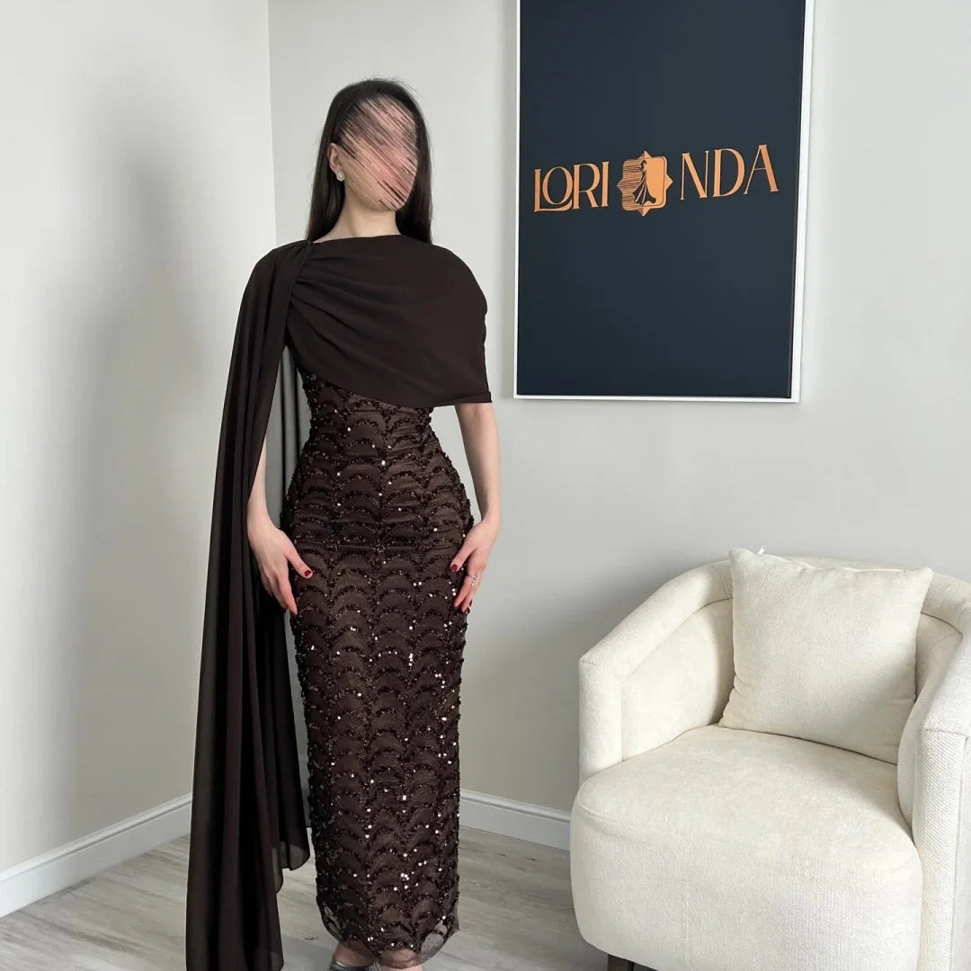 Bella Customized Chocolate Brown One-Shoulder Capelet Sequin Prom Dress Slim Fit Party Dresses Floor-Length Elegant Formal Gown - Matrix-studios.com
