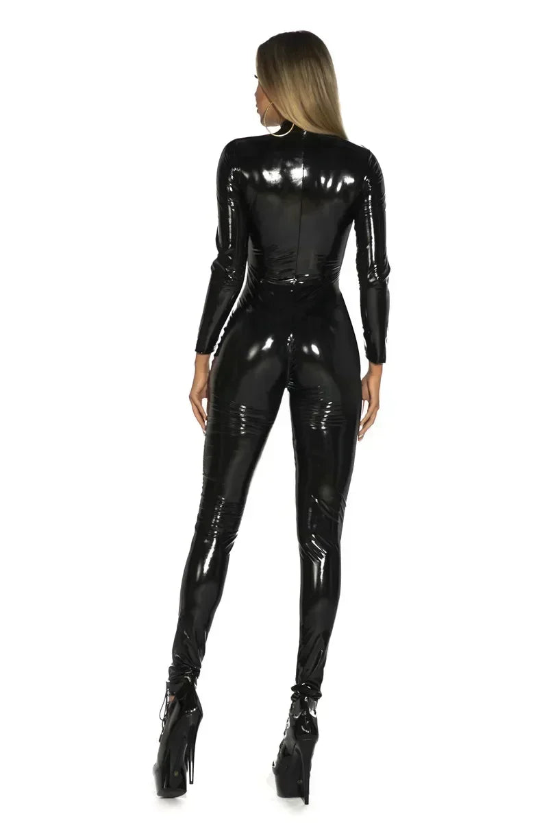 Women's Wet Look PU Leather Jumpsuit Suit Long Sleeve Zipper Open Crotch Shiny Latex Bodysuit Clubwear Plus Size - Matrix Studios