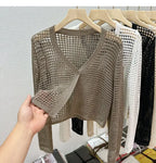 Single Button Crochet Mesh Cardigan for Women Semi Sheer Openwork Sunscreen Jacket Cover Up Summer Hollow-out Knitted Cardigan - Matrix Studios