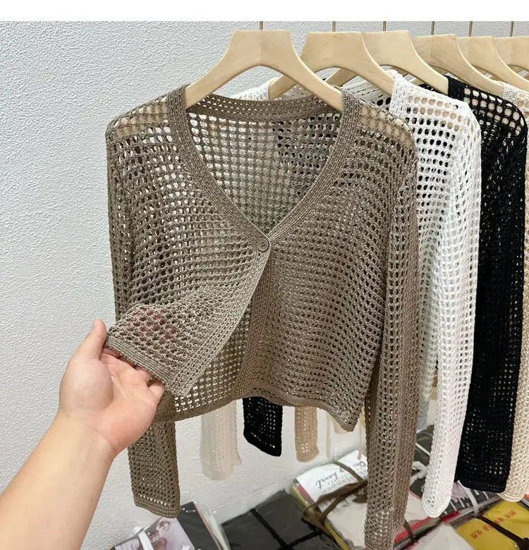 Single Button Crochet Mesh Cardigan for Women Semi Sheer Openwork Sunscreen Jacket Cover Up Summer Hollow-out Knitted Cardigan - Matrix Studios