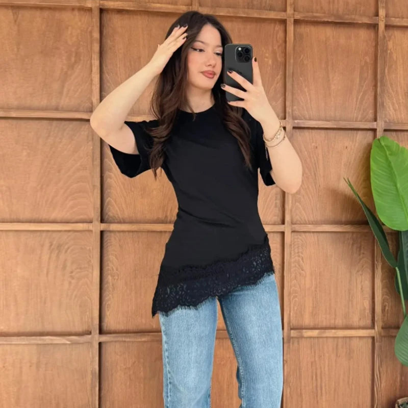 MUJER Asymmetric Lace T Shirts Woman Short Sleeve Polo Women T-shirts Summer Casual Tops for Women Holiday Funny Women's T-shirt - Matrix-studios.com