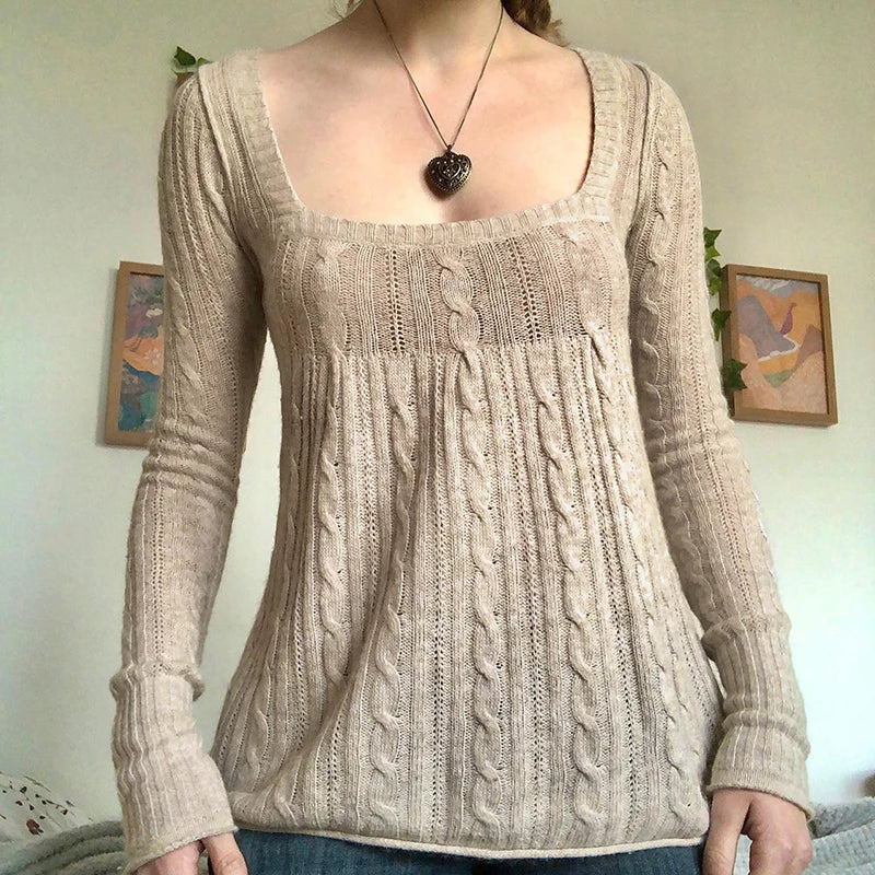 2000s Vintage Long Sleeve Babydoll Knitted Sweater Tops Cottage Milkmaid Pullovers Aesthetic Grunge Y2k Knitwear T-shirts Women - Matrix Studios