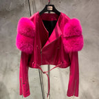 Leather Jacket Factory Ladies Short Leather Jacket Real Fox Fur Sleeve Coat Women Autumn 21001 - Matrix Studios