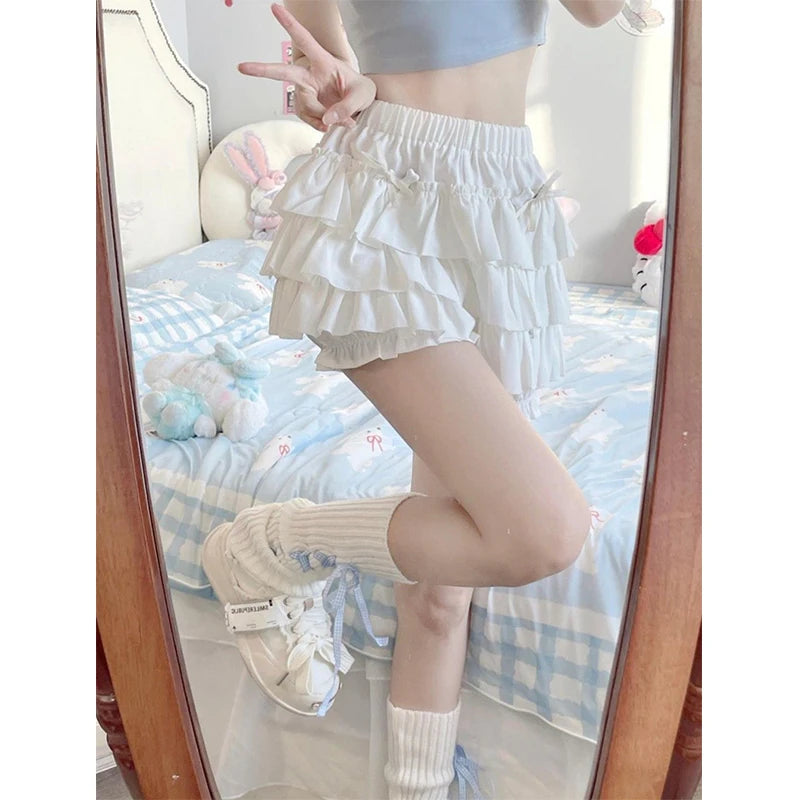MEXZT Y2K Sweet Ruffles Mini Skirt Women Kawaii Lolita Bow A Line Skirts Harajuku Japanese High Waist Pink White Ball Gown Skirt - Matrix-studios.com