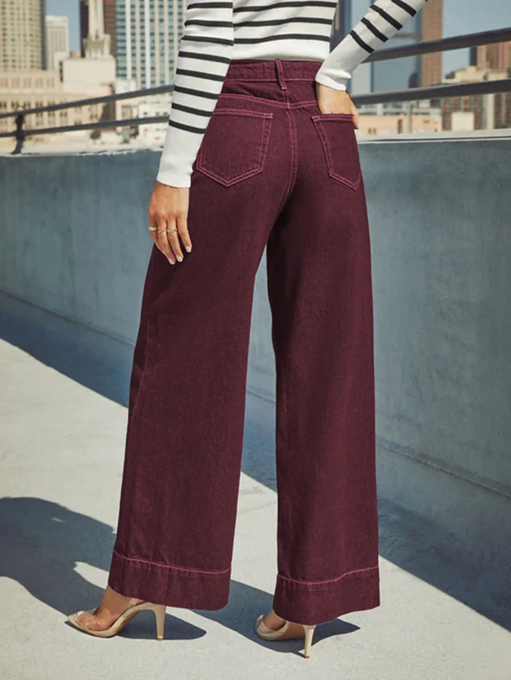 Burgundy women's high waist wide leg jeans stretch denim button placket washed jeans casual outing versatile style - Matrix-studios.com
