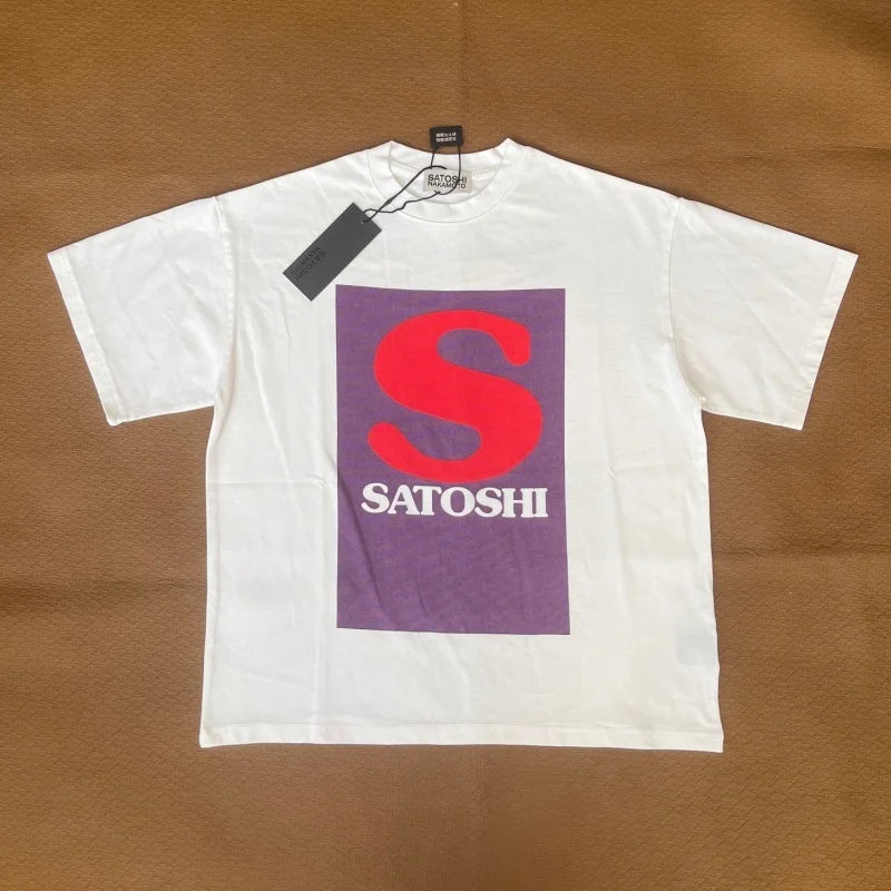 Mens Vintage Block Letter Short Sleeve T-Shirt Satoshi Nakamoto Oversized Dual Side Color Square Graphic Tee - Matrix-studios.com