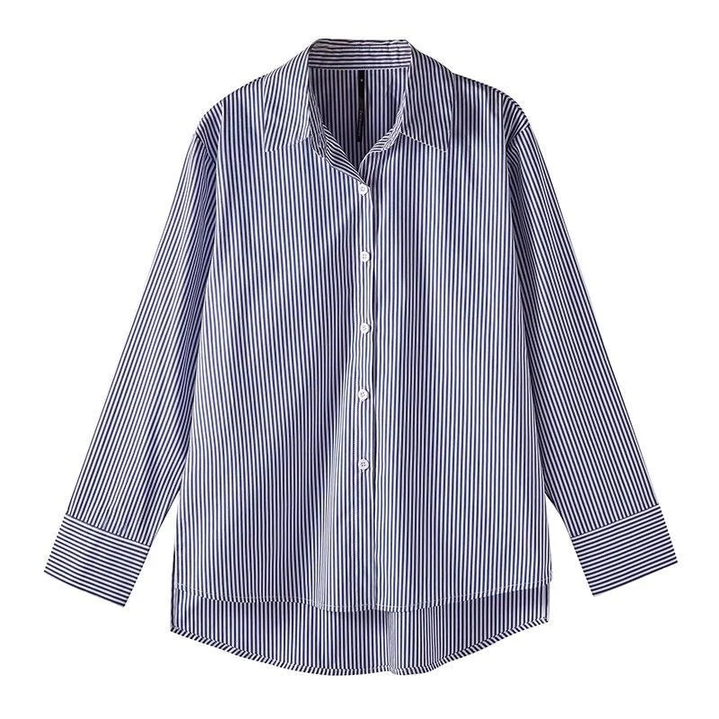 Classic Striped Woman Spring Autumn Blouses Shirt Lady Long Lantern Sleeve Stand Collar Loose Blusas Tops - Matrix-studios.com