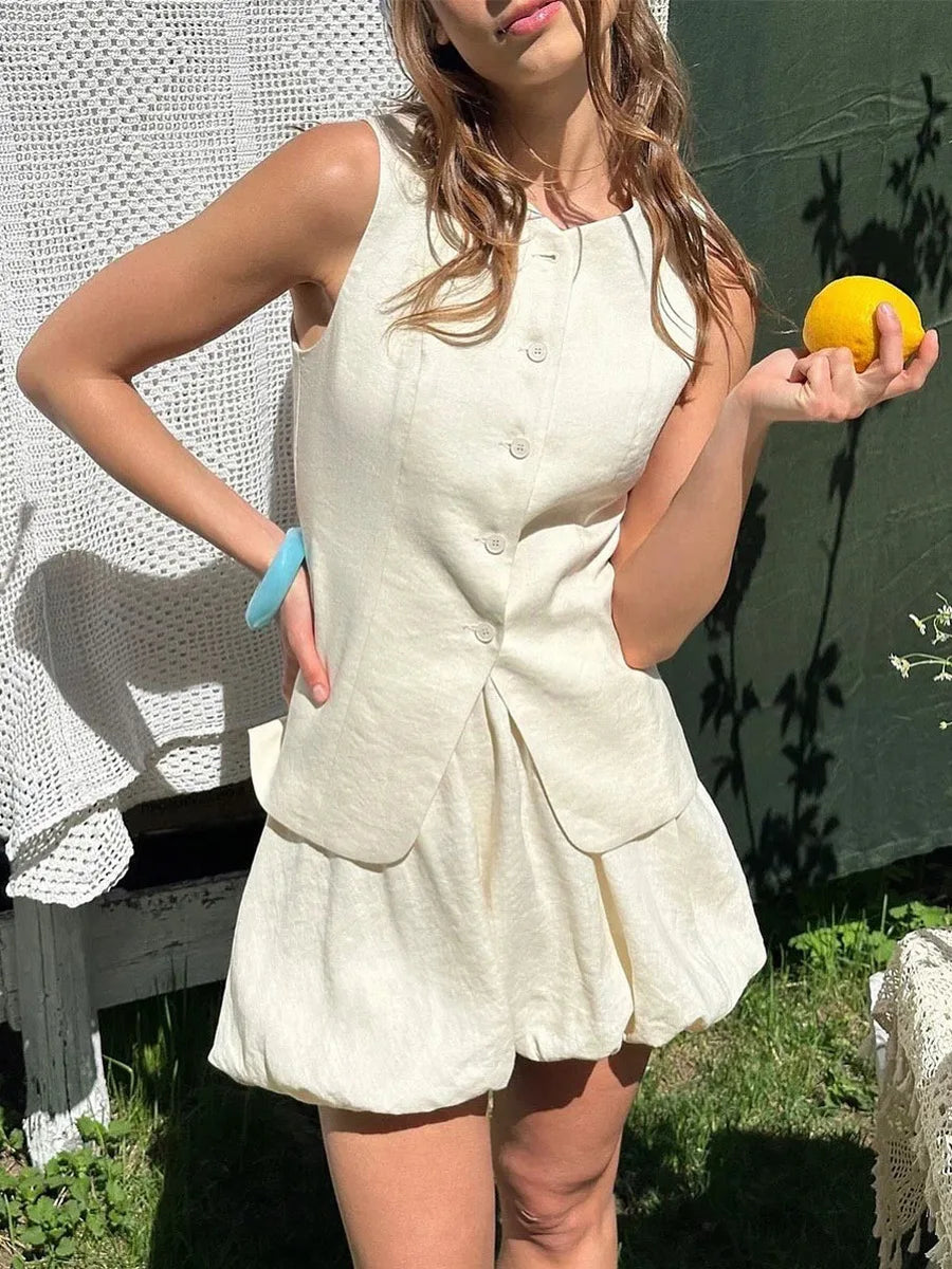 Bornladies Cotton Chic Casual Vest Mini Skirt Set Women's Fashion Commuter Sleeveless Tank Top Loose Shorts Suits Summer New - Matrix-studios.com