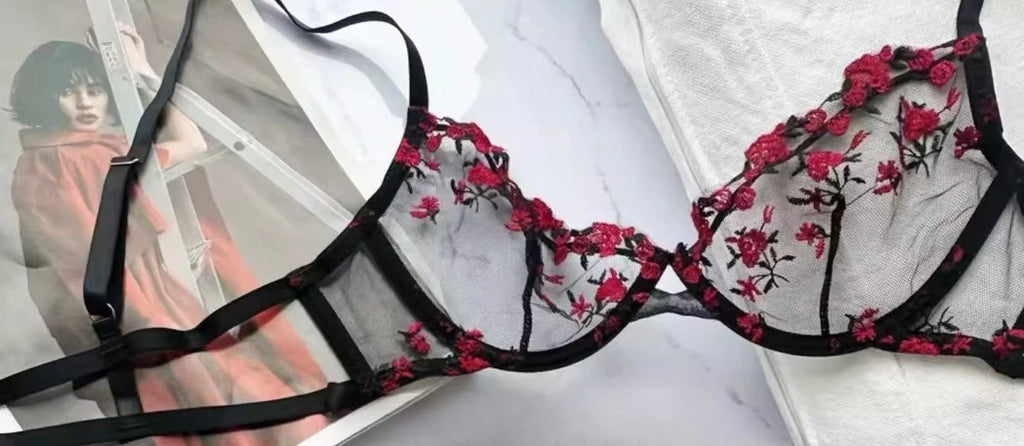 YUQI French Elegant Lingerie Set-Floral Embroidery Semi-Transparent Bra & Brief,Black Sensual Women's Underwear Luxury Intimates - Matrix-studios.com