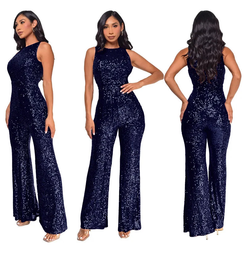 Bling Bling Sequined Club Jumpsuit Sexy Women O-neck Elegant Shiny Sliver Gold Sequins Straight Romper Overalls - Matrix Studios
