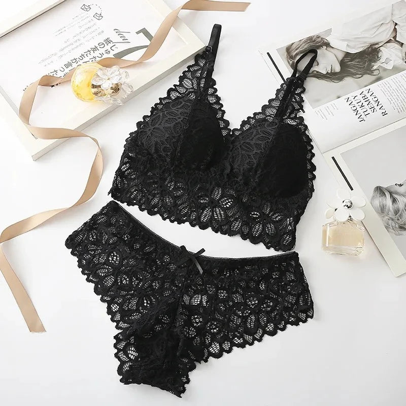 Sexy Lace Women Underwear Set Seamless Wire Free Bra Sets Hollow Out Bra and Panty Sets For Women Embroidery Intimates Lingerie - Matrix-studios.com