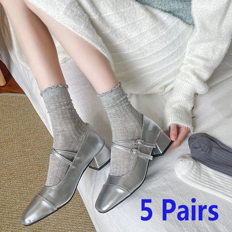 5 Pairs/Lot Women Hollow Mesh Tube Socks Ear Fungus Edge Socks Ins Trendy Spring Summer Loose Mouth Thin Style Girls Pile Socks - Matrix Studios