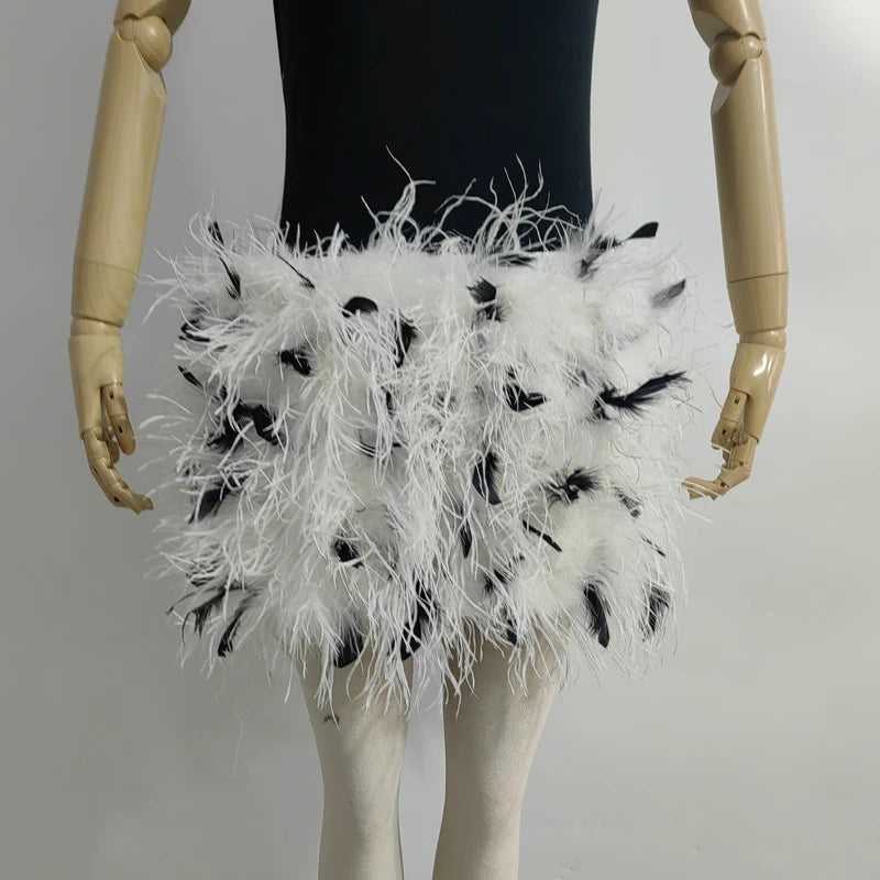 Real feather mini skirt, elastic waist sexy clothing, club, party dance party carnival short skirt can be customized in size - Matrix Studios